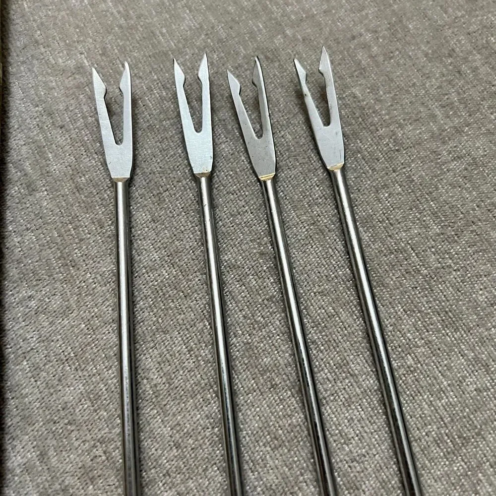 VTG MCM Teak Handle Stainless Fondue Forks Original Box 11 Pcs Made In Japan EXC